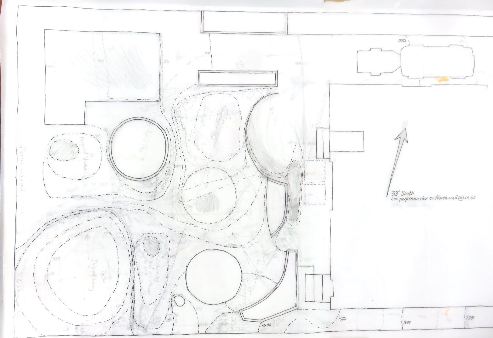 A plan of contours and buildings for garden design